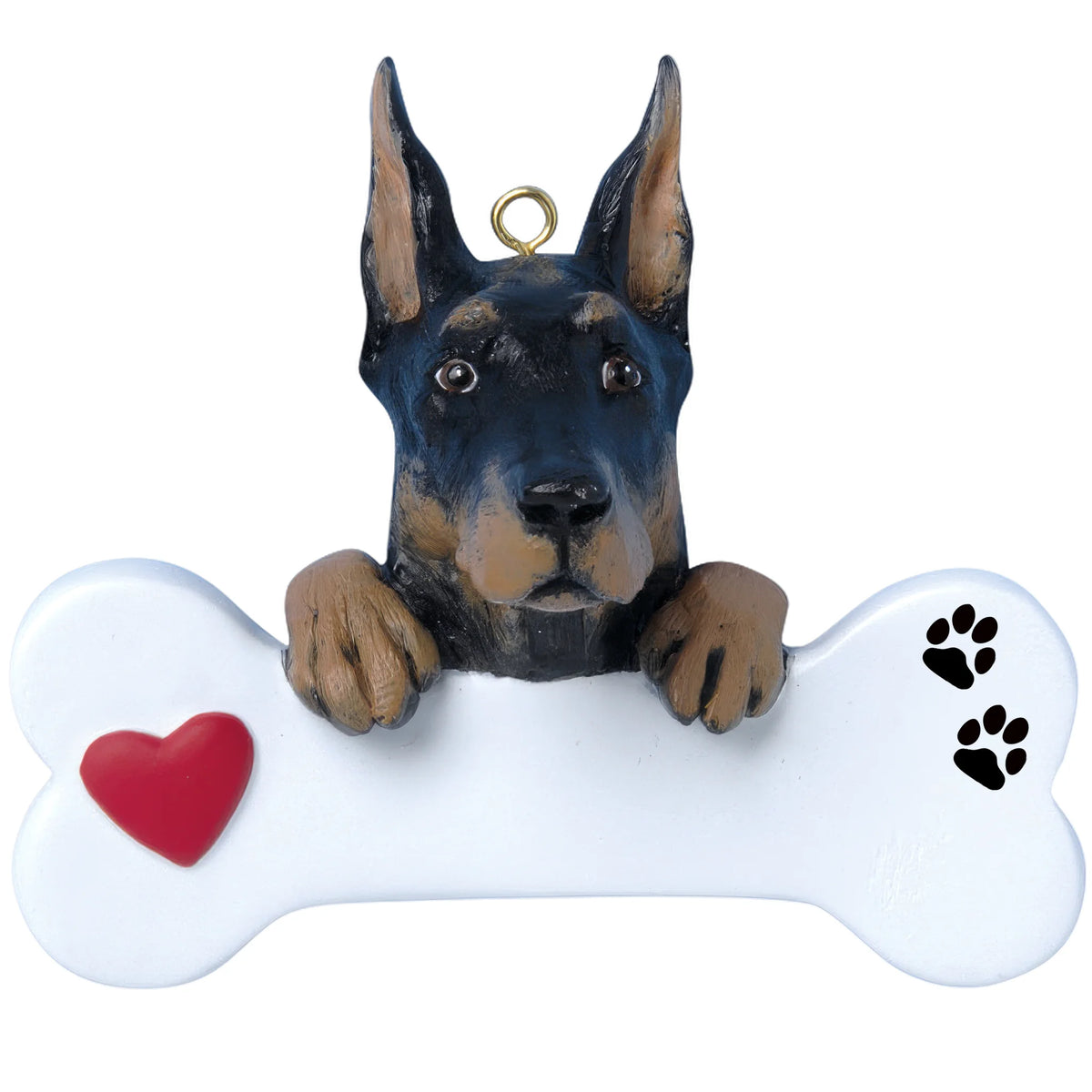 Personalized Doberman pinscher dog bone Christmas ornament shown blank, ready for your dog's name and year