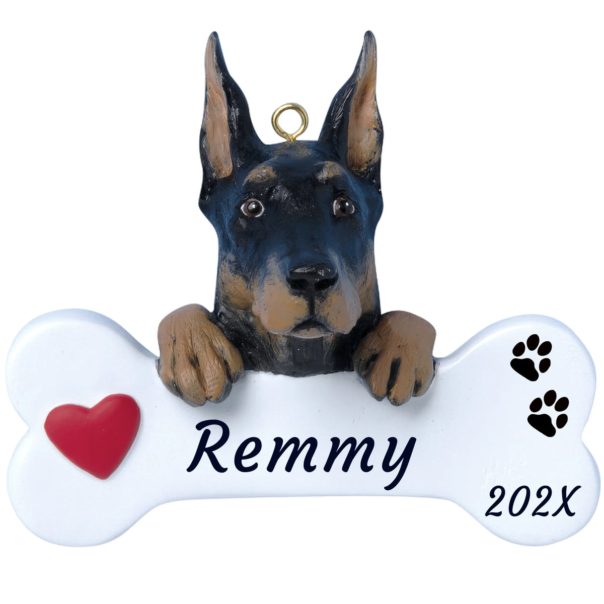 Personalized Doberman pinscher dog bone Christmas ornament, a black and tan Dobie on a white bone, red heart, name and year