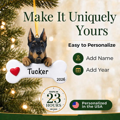 Personalized Doberman pinscher Christmas ornament with name and year options, ships in 23 hours, made in the USA
