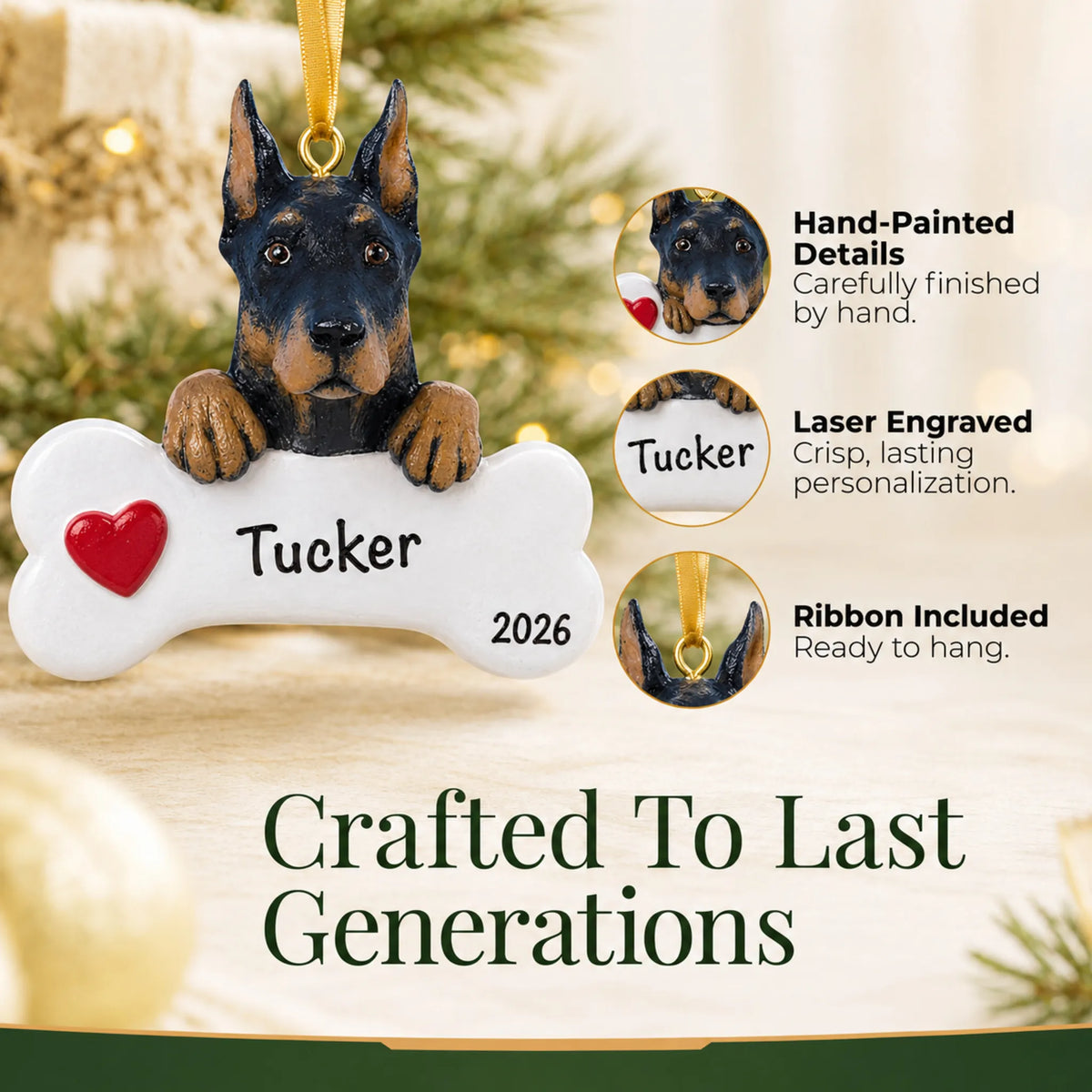 Close-up of the personalized Doberman pinscher Christmas ornament showing hand-painted details and laser engraving