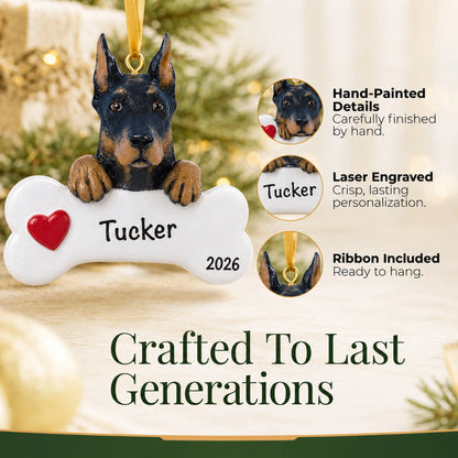 Close-up of the personalized Doberman pinscher Christmas ornament showing hand-painted details and laser engraving