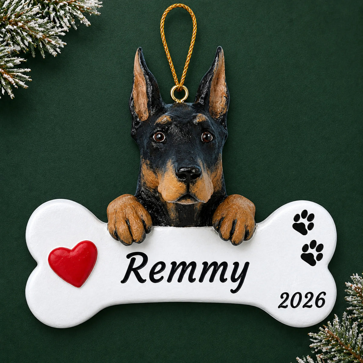 Personalized Doberman Pinscher Dog Bone christmas ornament on a dark green pine background