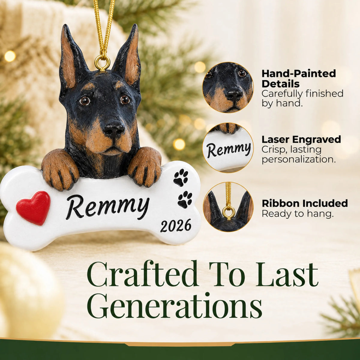 Hand-painted, laser engraved Doberman Pinscher Dog Bone christmas ornament, ribbon included