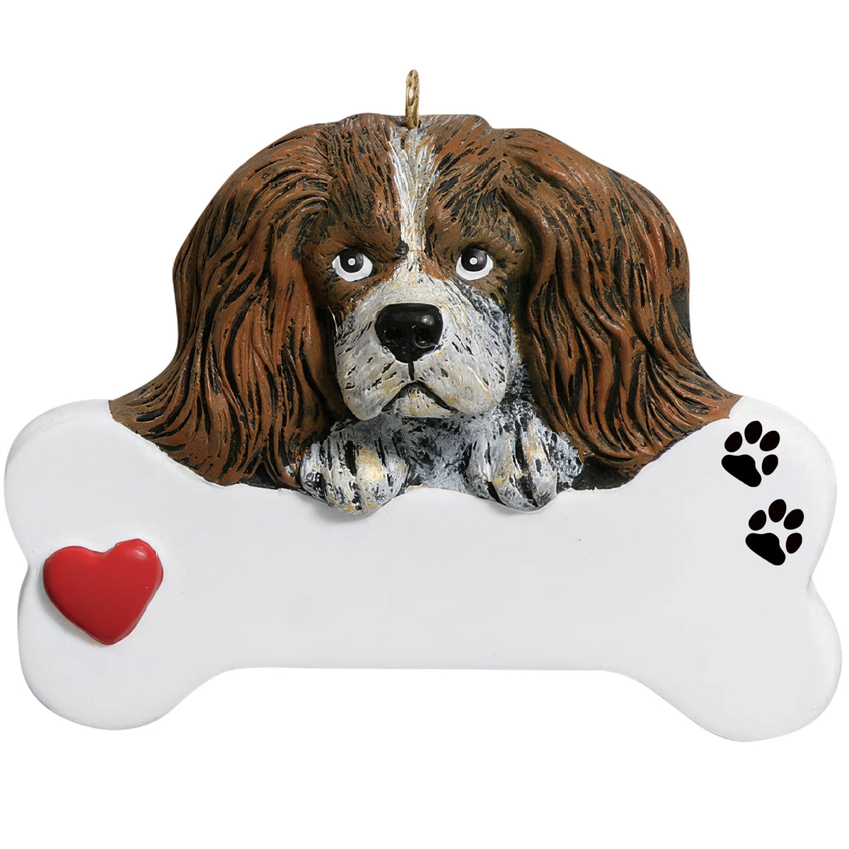 Personalized Cavalier King Charles dog bone Christmas ornament shown blank, ready for your dog's name and year