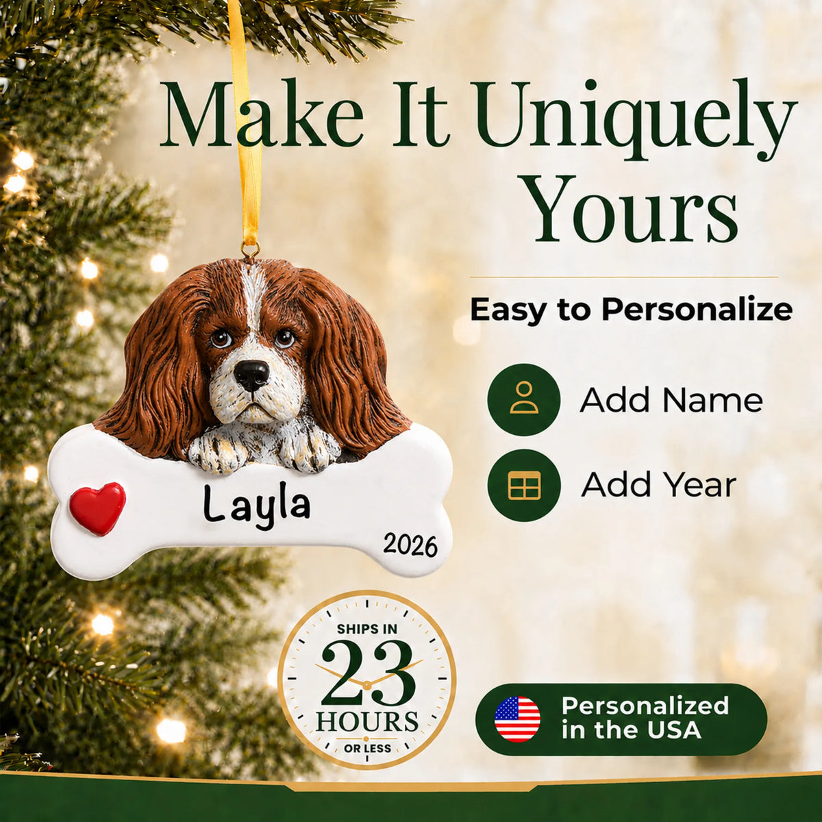 Personalized King Charles Cavalier Christmas ornament with name and year options, ships in 23 hours, made in the USA