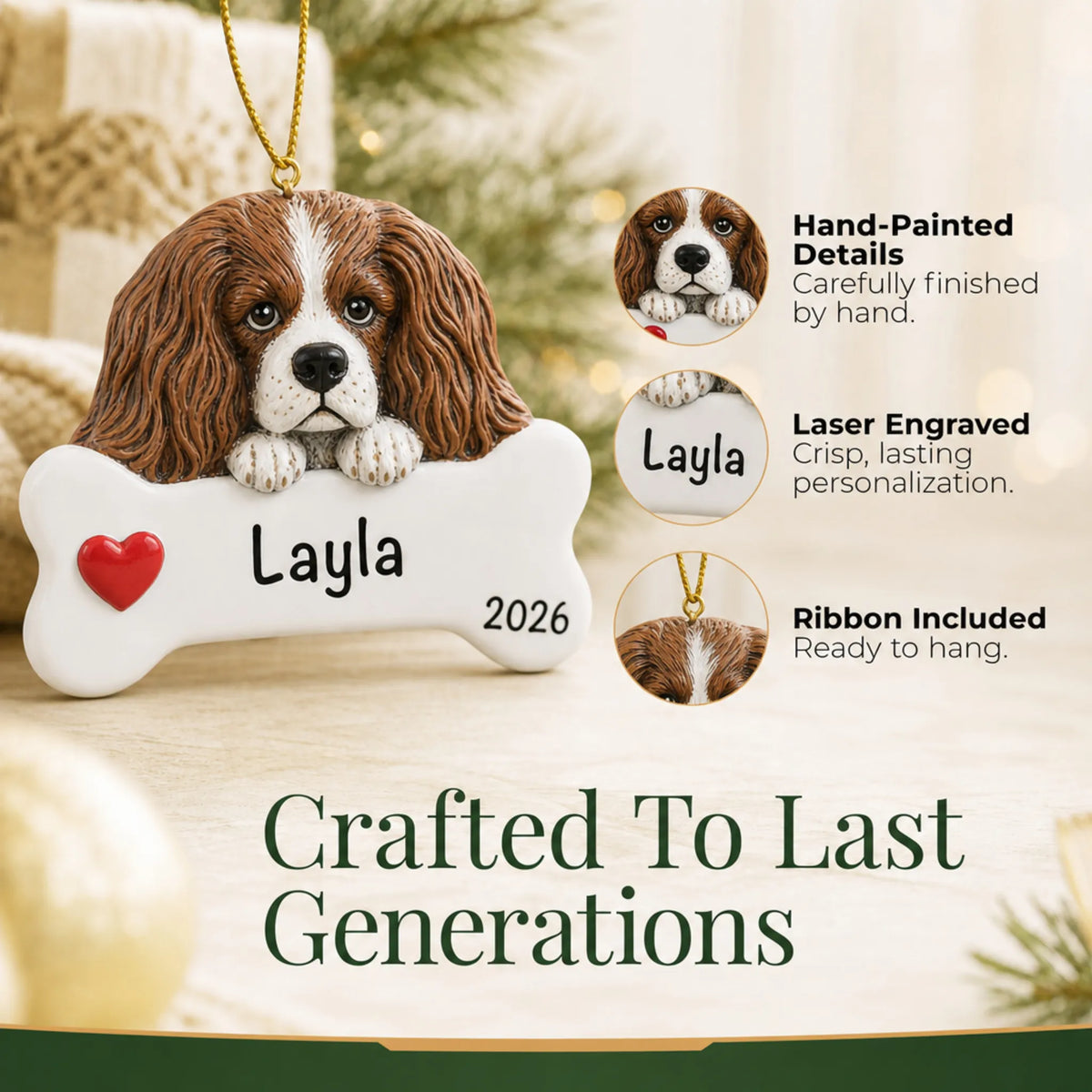 Close-up of the personalized King Charles Cavalier Christmas ornament showing hand-painted details and laser engraving