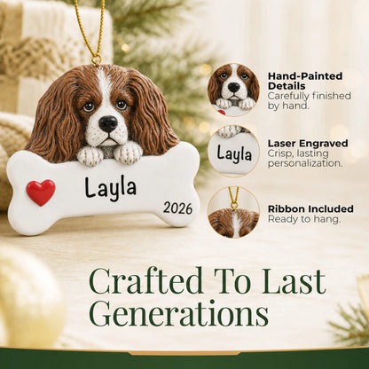 Close-up of the personalized King Charles Cavalier Christmas ornament showing hand-painted details and laser engraving