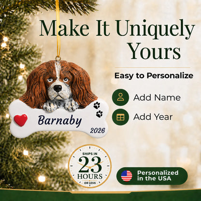 Make it yours: personalize the King Charles Cavalier Dog Bone christmas ornament with your dog's name and the year