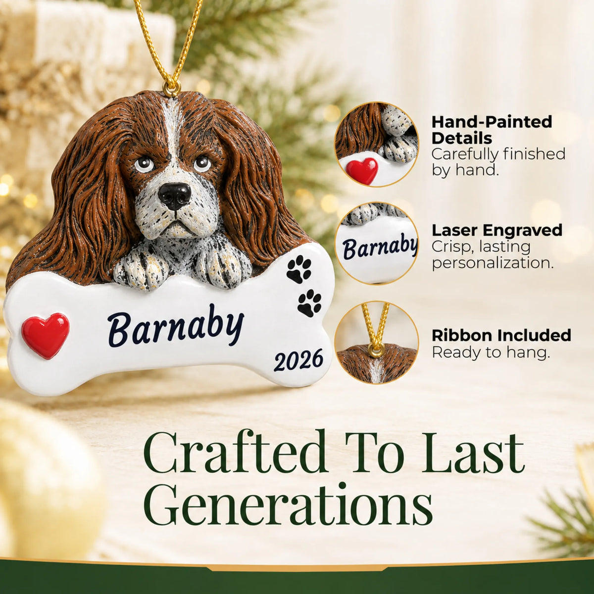 Hand-painted, laser engraved King Charles Cavalier Dog Bone christmas ornament, ribbon included