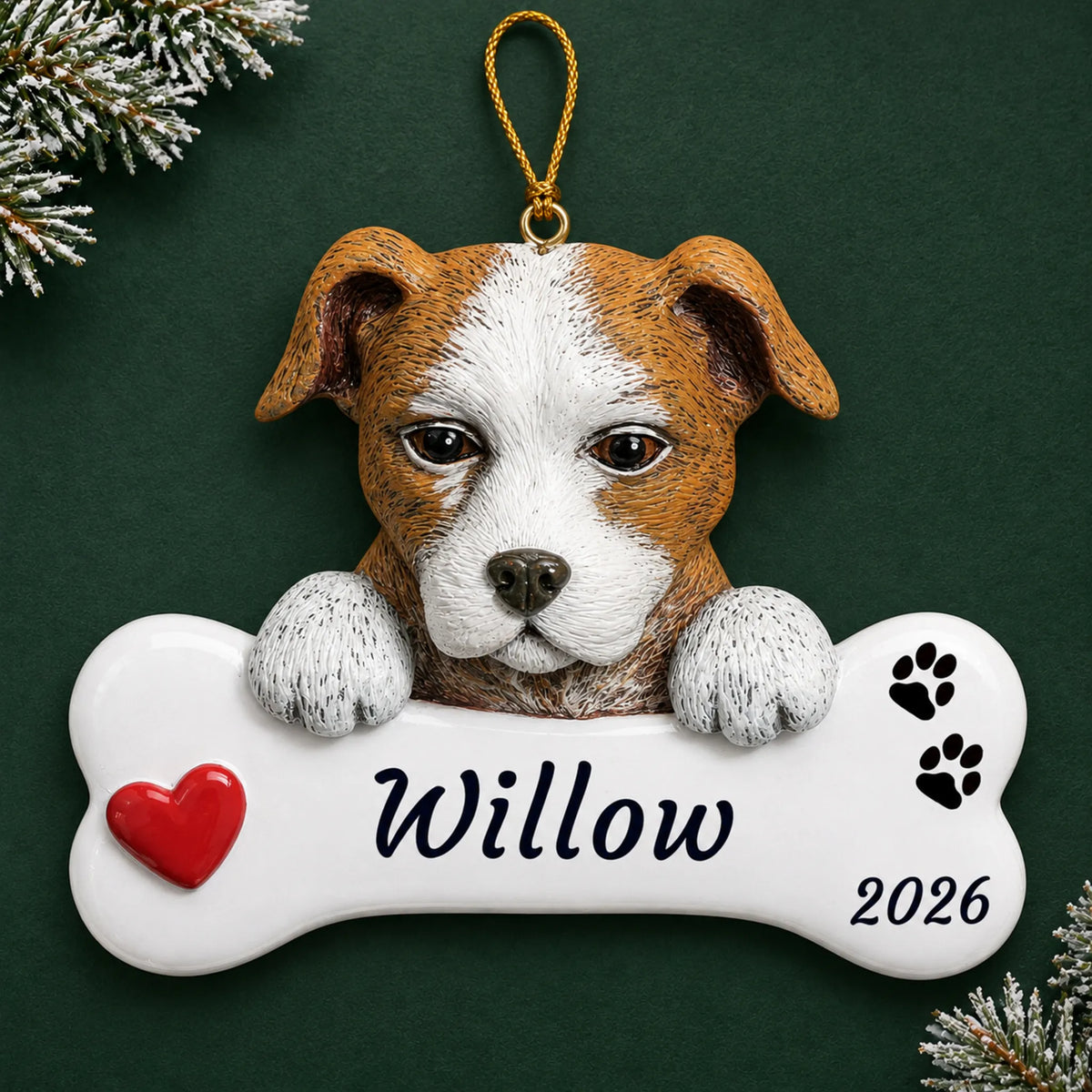 Personalized Staffordshire Pit Bull Dog Bone christmas ornament on a dark green pine background