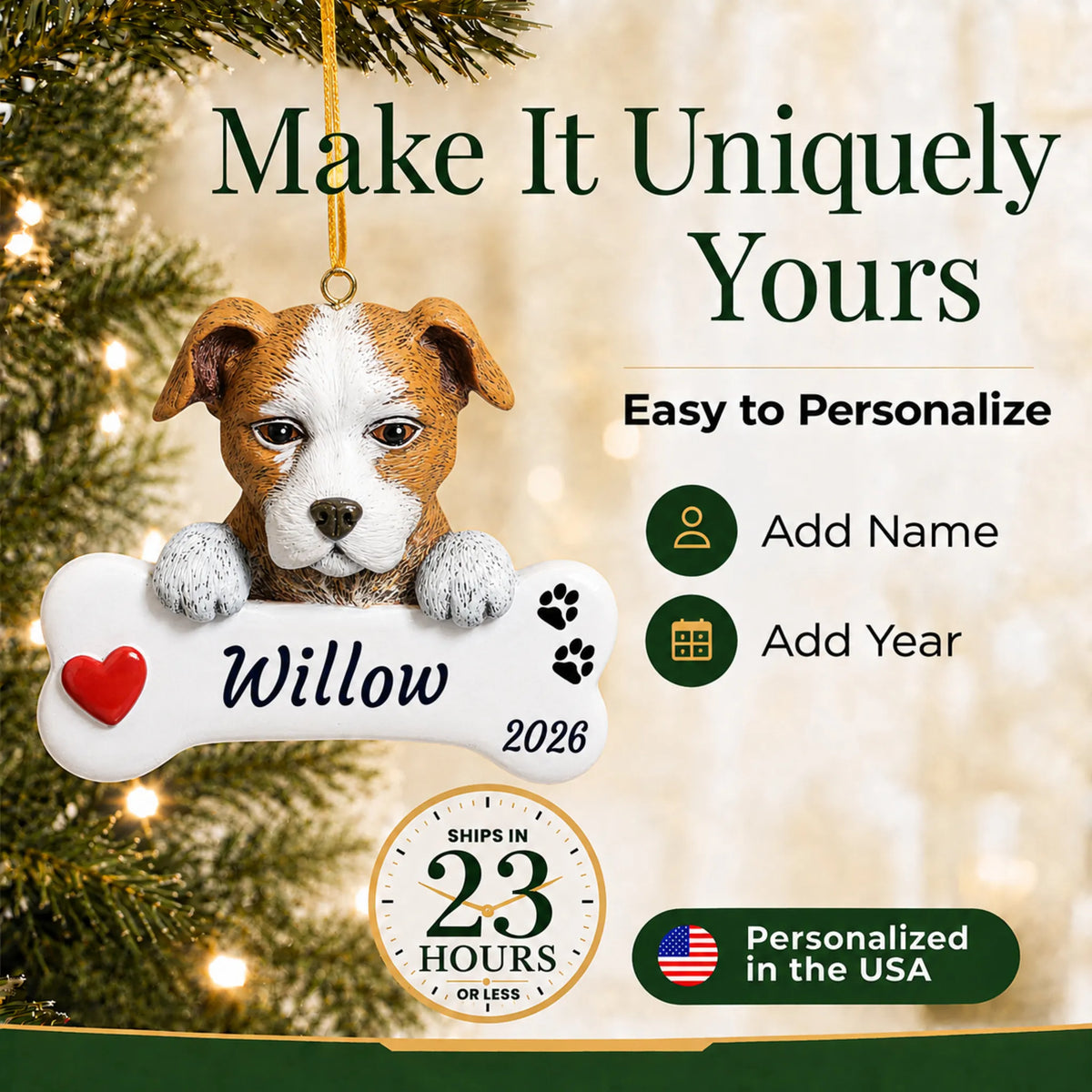 Make it yours: personalize the Staffordshire Pit Bull Dog Bone christmas ornament with your dog's name and the year