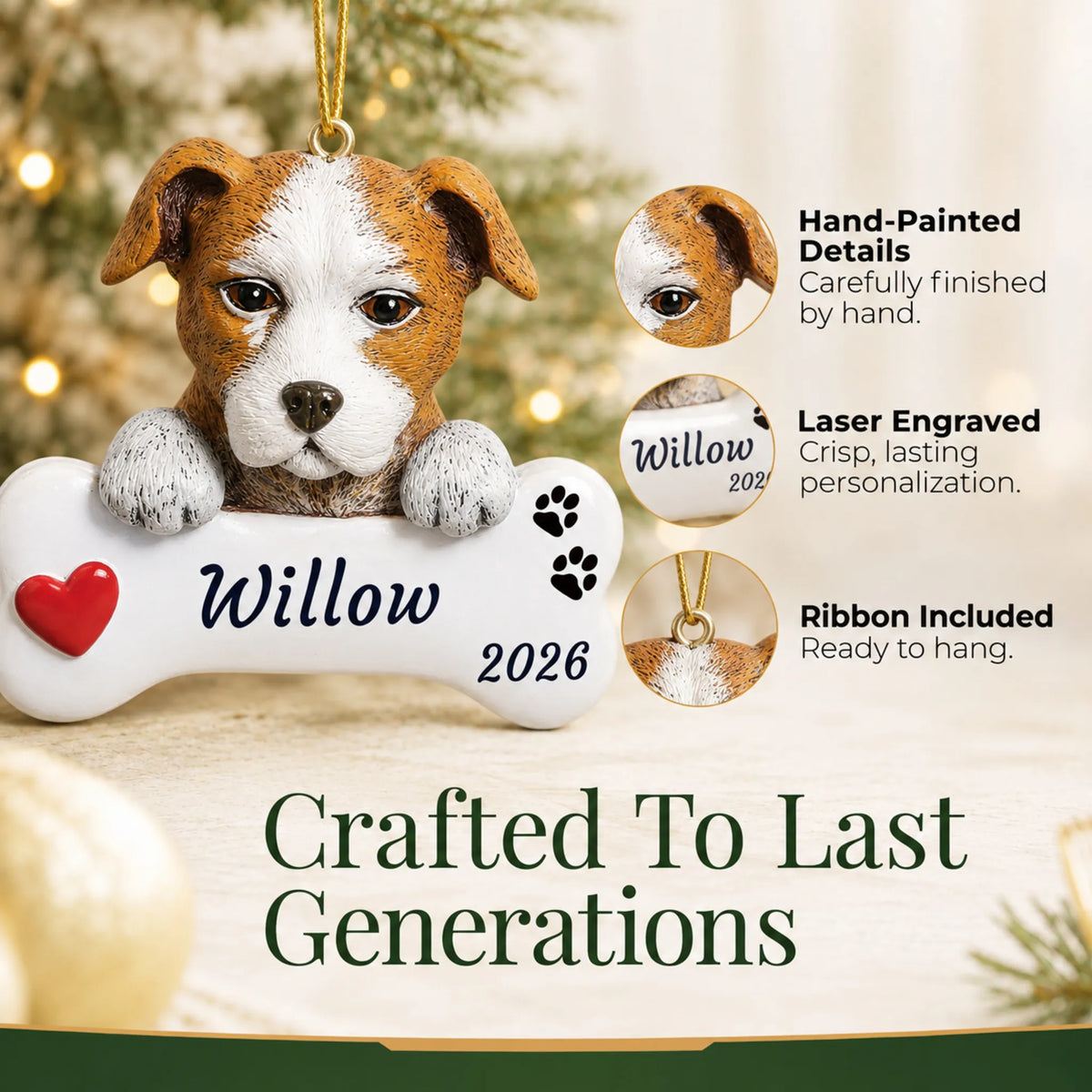 Hand-painted, laser engraved Staffordshire Pit Bull Dog Bone christmas ornament, ribbon included