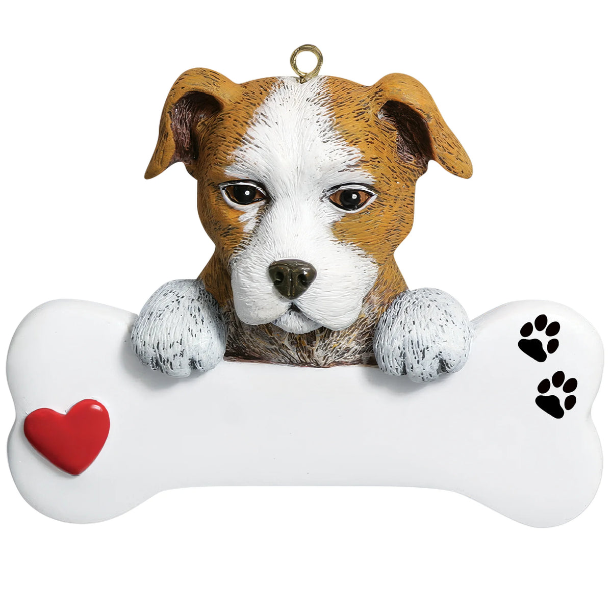 Personalized Staffordshire pit bull dog bone Christmas ornament shown blank, ready for your dog's name and year