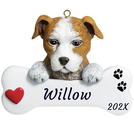 Personalized Staffordshire pit bull dog bone Christmas ornament, a tan and white Staffy over a white bone, name and year