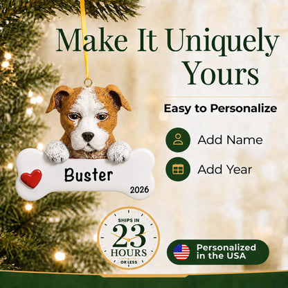 Personalized Staffordshire pit bull Christmas ornament with name and year options, ships in 23 hours, made in the USA