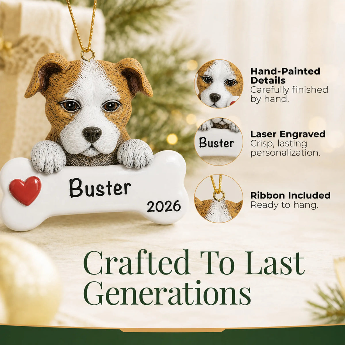 Close-up of the personalized Staffordshire pit bull Christmas ornament showing hand-painted details and laser engraving