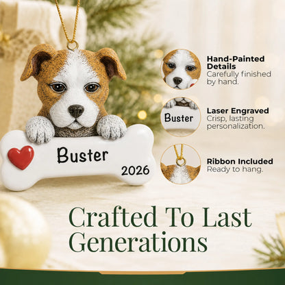 Close-up of the personalized Staffordshire pit bull Christmas ornament showing hand-painted details and laser engraving