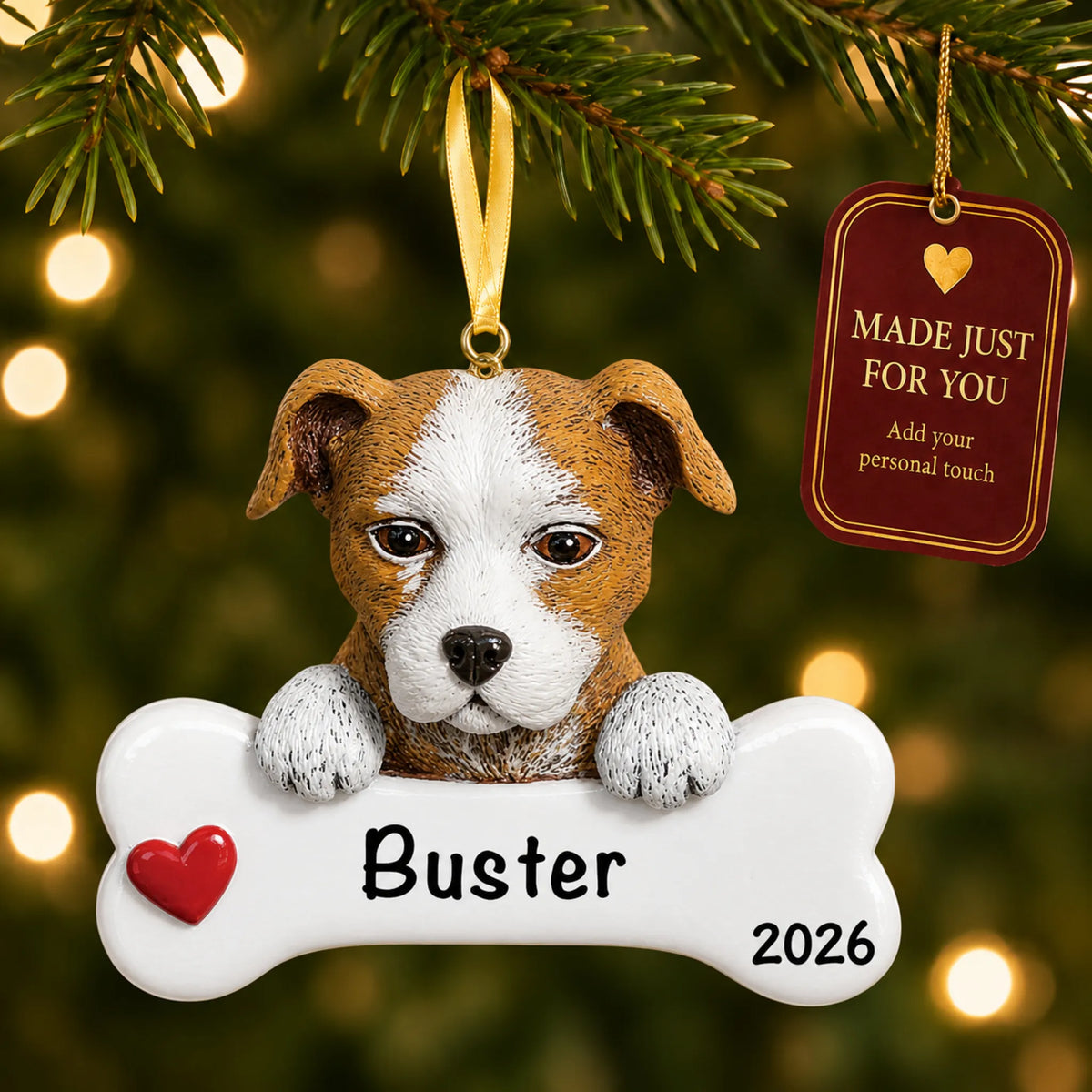Personalized Staffordshire pit bull Christmas ornament hanging on a lit tree beside a Made Just For You tag