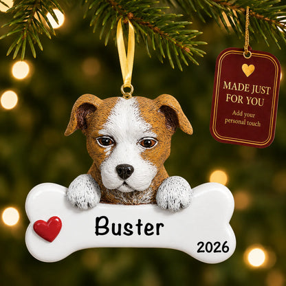 Personalized Staffordshire pit bull Christmas ornament hanging on a lit tree beside a Made Just For You tag