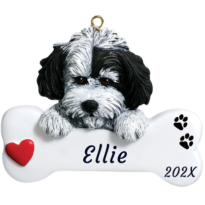Personalized Havanese dog bone Christmas ornament, a black and white Havanese on a white bone, red heart, name and year