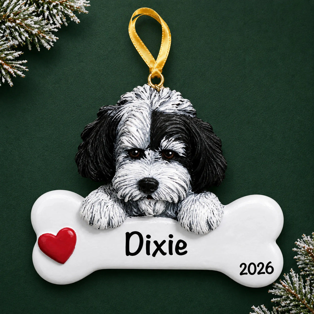 Personalized Havanese dog bone Christmas ornament, engraved with a name and year, on a green holiday backdrop
