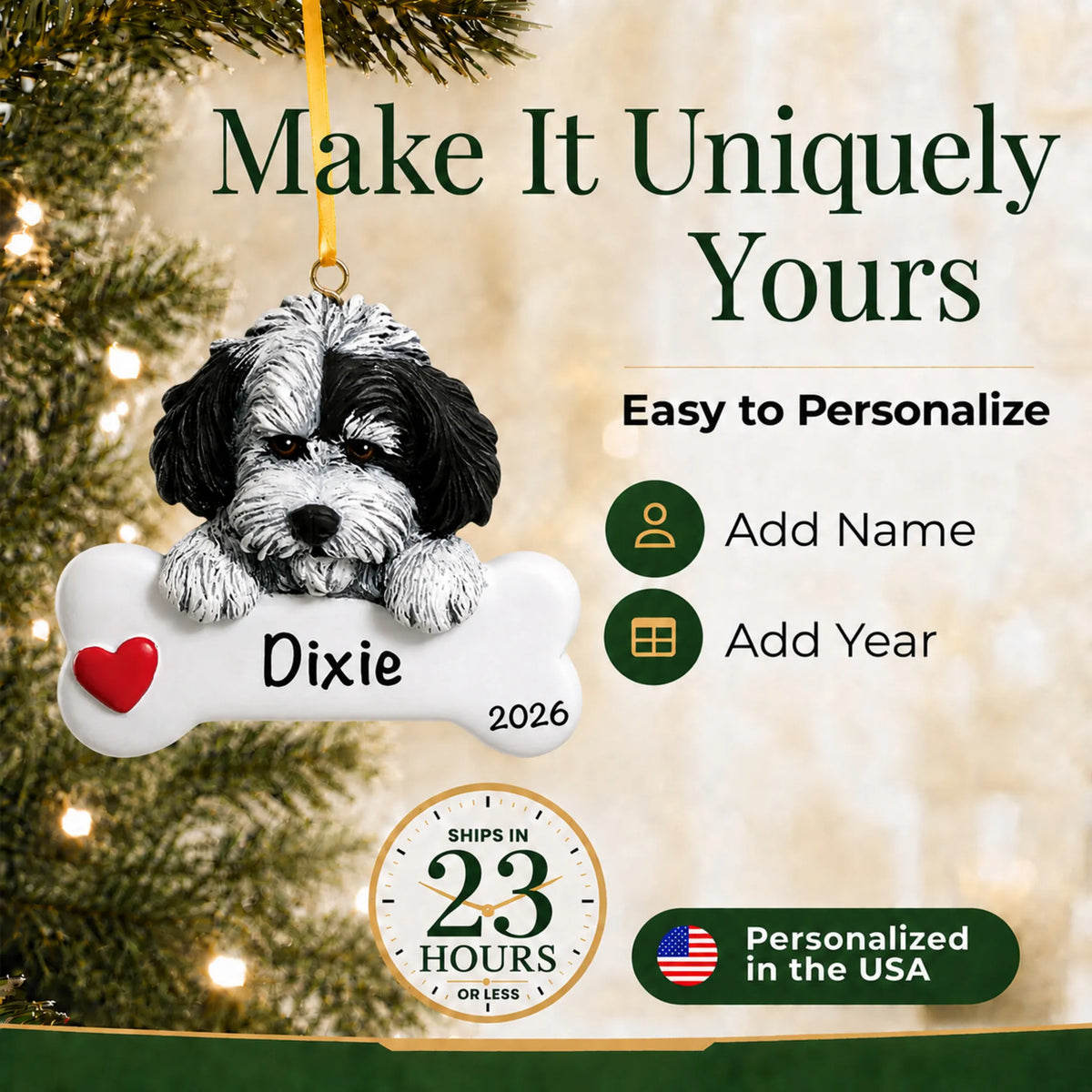 Personalized Havanese Christmas ornament with name and year options, ships in 23 hours, made in the USA