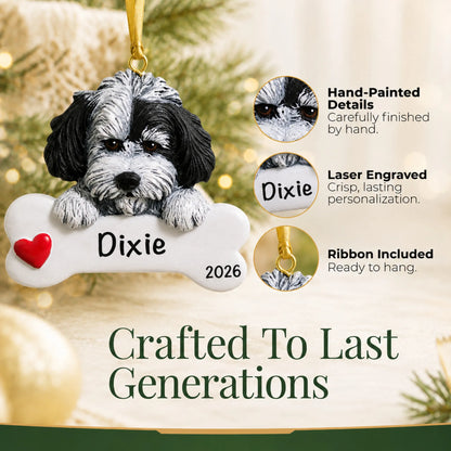 Close-up of the personalized Havanese Christmas ornament showing hand-painted details and laser engraving