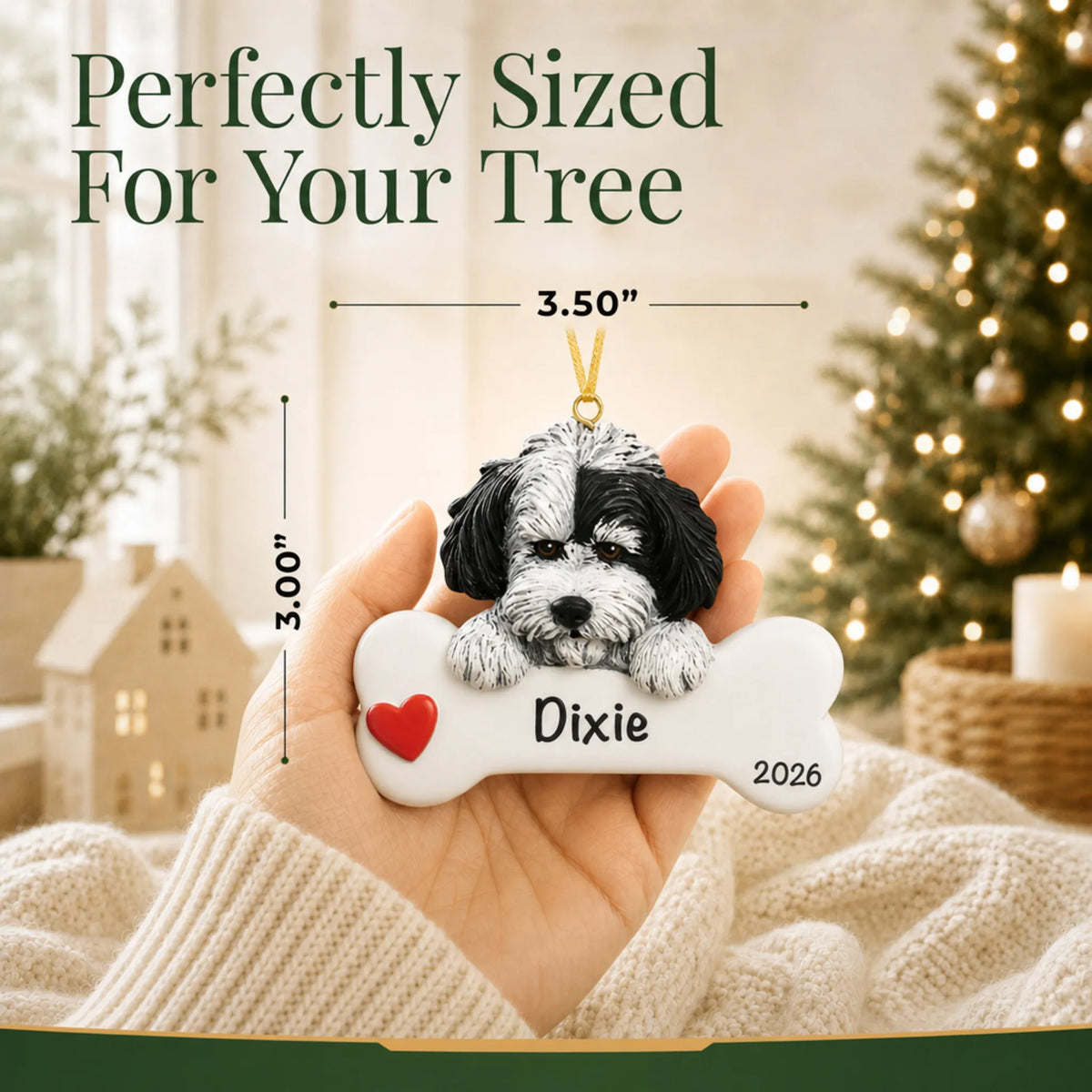 Hand holding the personalized Havanese Christmas ornament to show its 3.50 inch width
