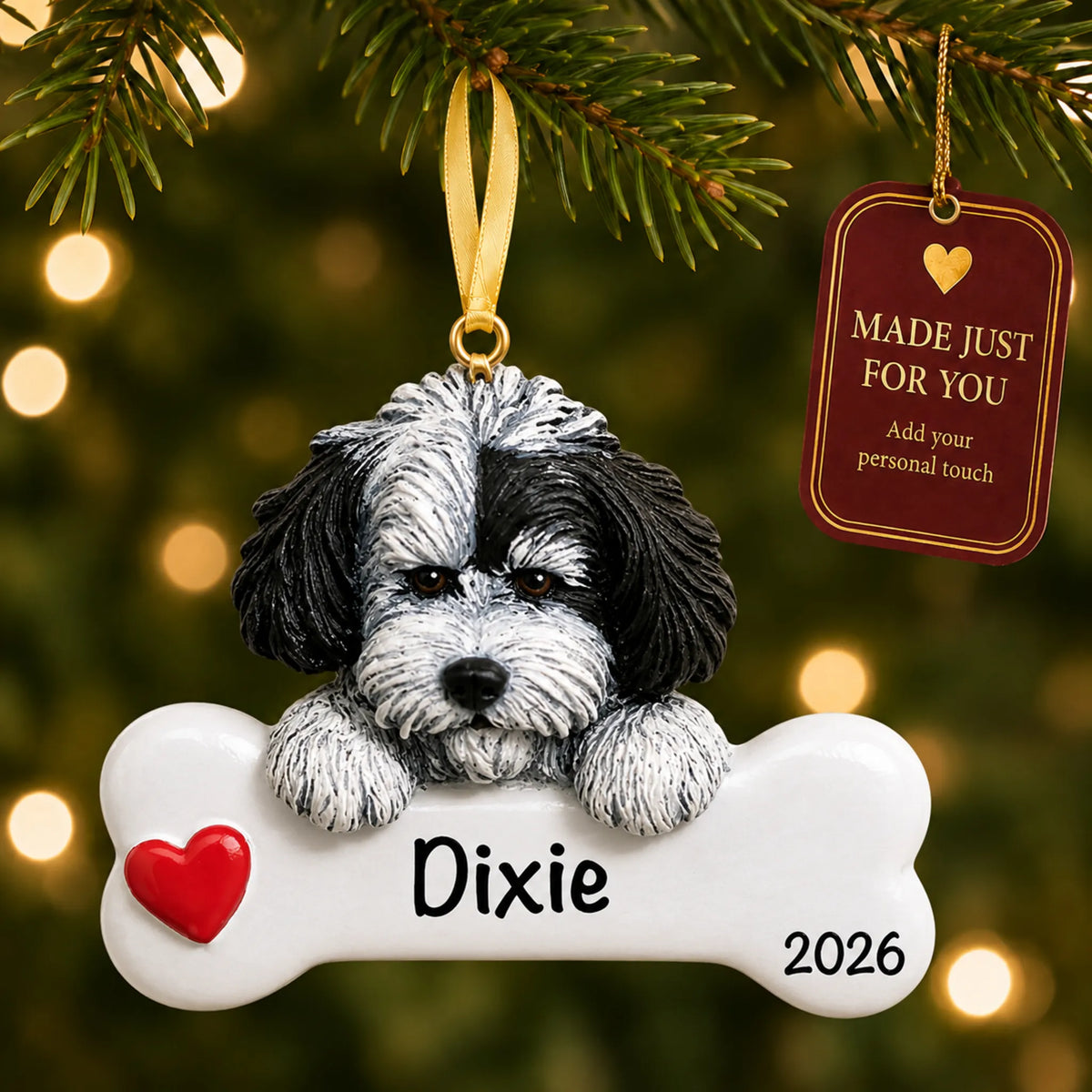 Personalized Havanese Christmas ornament hanging on a lit tree beside a Made Just For You tag