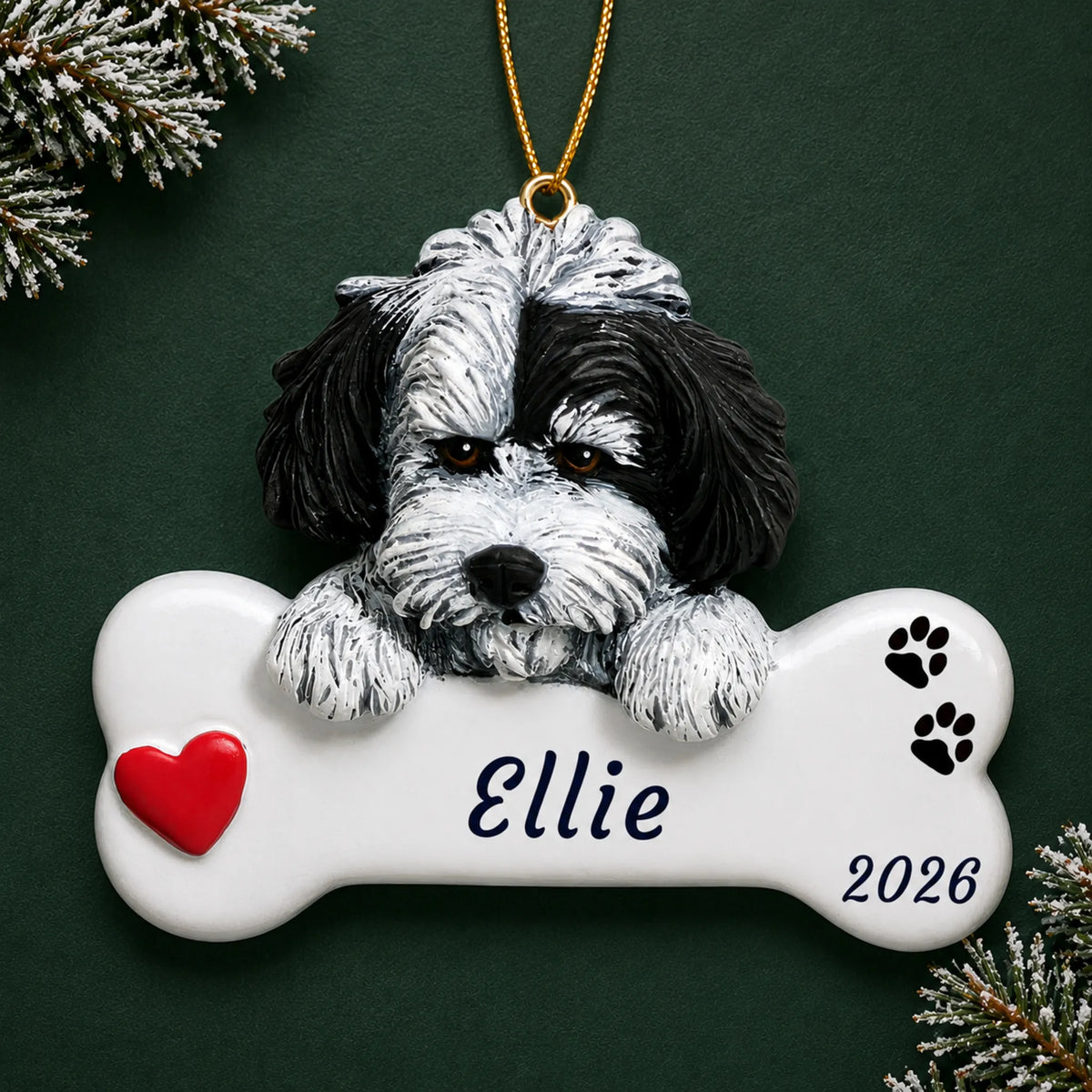 Personalized Havanese Dog Bone christmas ornament on a dark green pine background