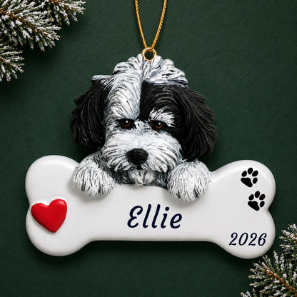 Personalized Havanese Dog Bone christmas ornament on a dark green pine background