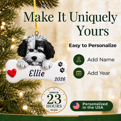 Make it yours: personalize the Havanese Dog Bone christmas ornament with your dog's name and the year