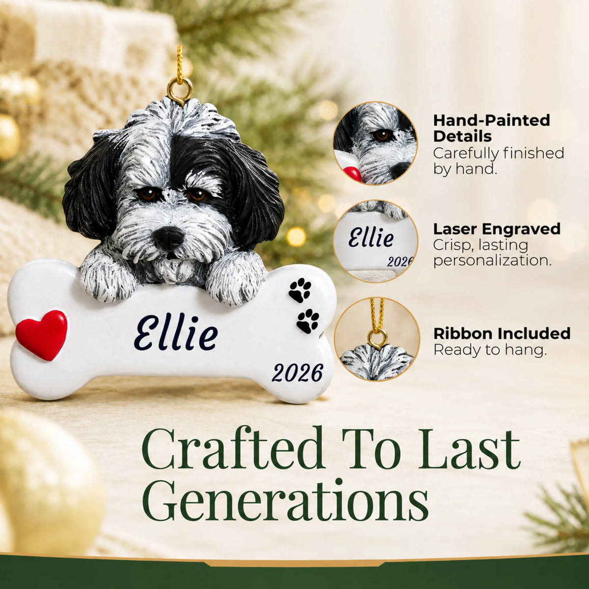 Hand-painted, laser engraved Havanese Dog Bone christmas ornament, ribbon included