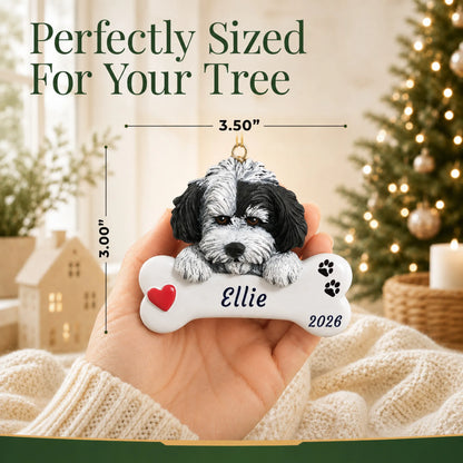 Size guide: the personalized Havanese Dog Bone christmas ornament is 3.50 in wide by 3.00 in tall, shown in hand