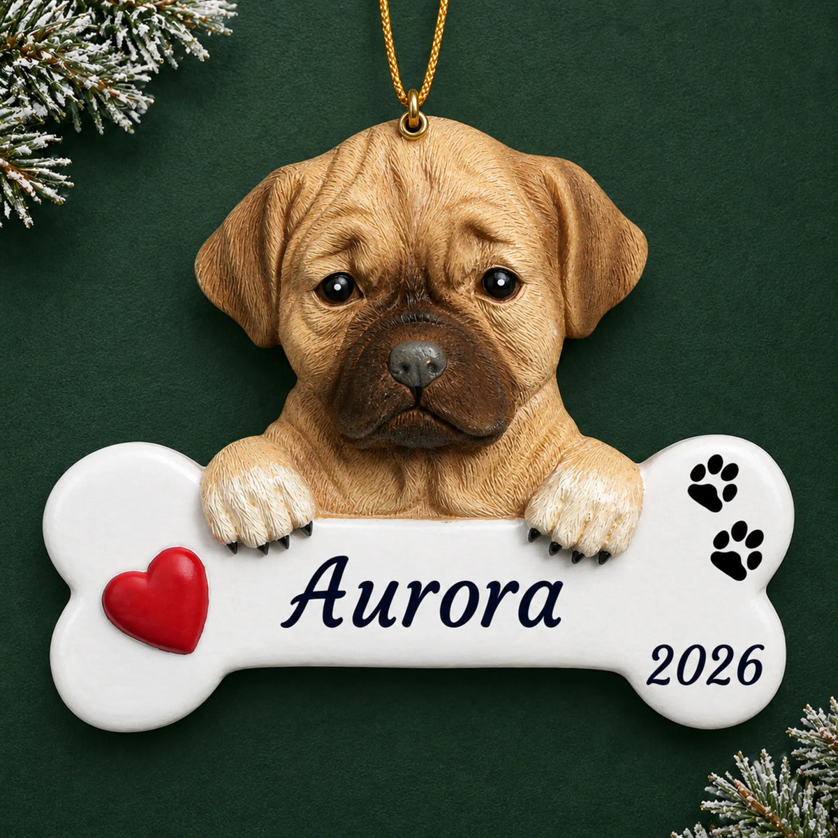 Personalized Puggle Dog Bone christmas ornament on a dark green pine background