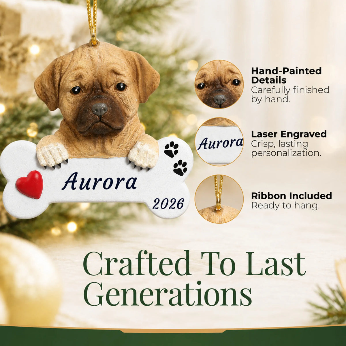 Hand-painted, laser engraved Puggle Dog Bone christmas ornament, ribbon included