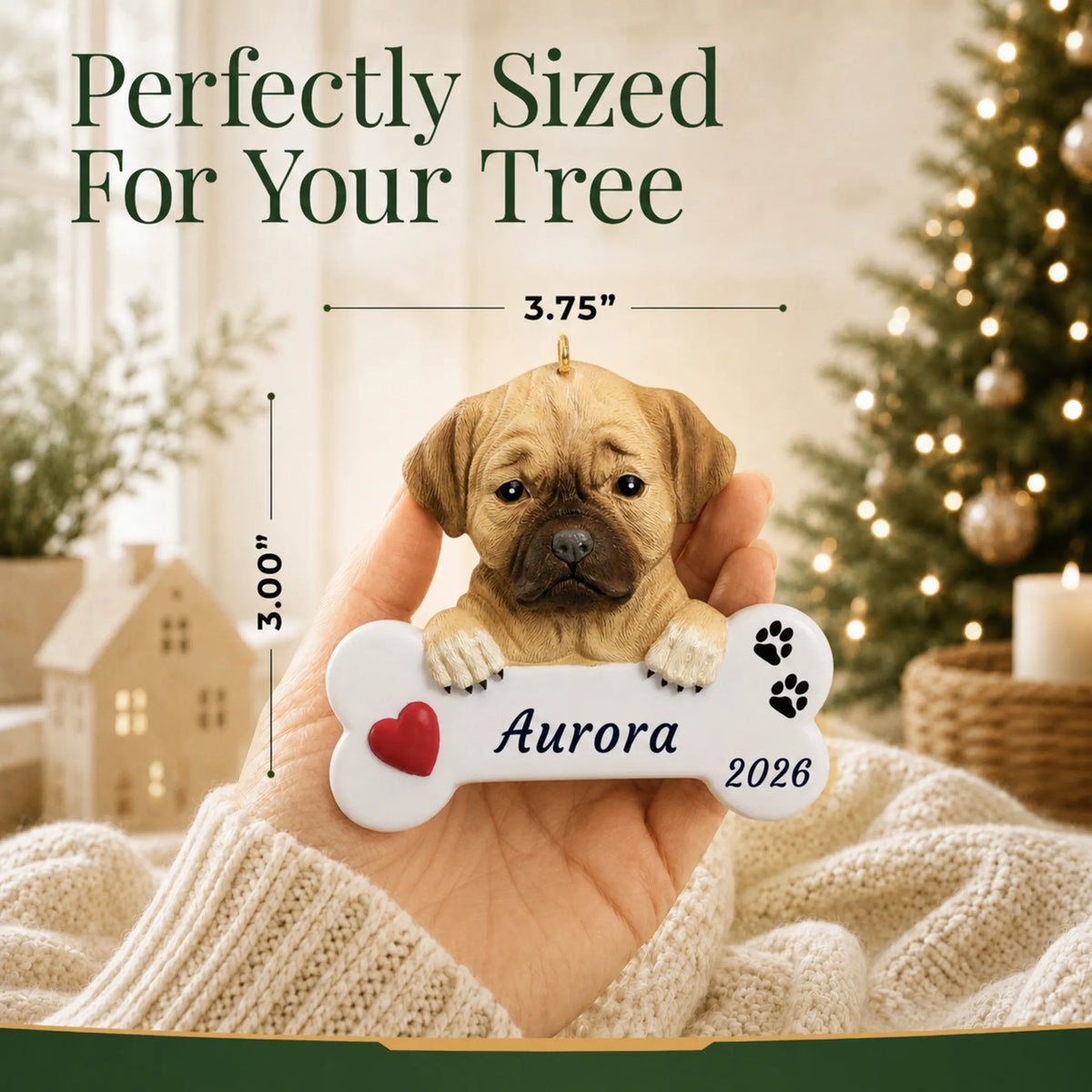 Size guide: the personalized Puggle Dog Bone christmas ornament is 3.75 in wide by 3.00 in tall, shown in hand