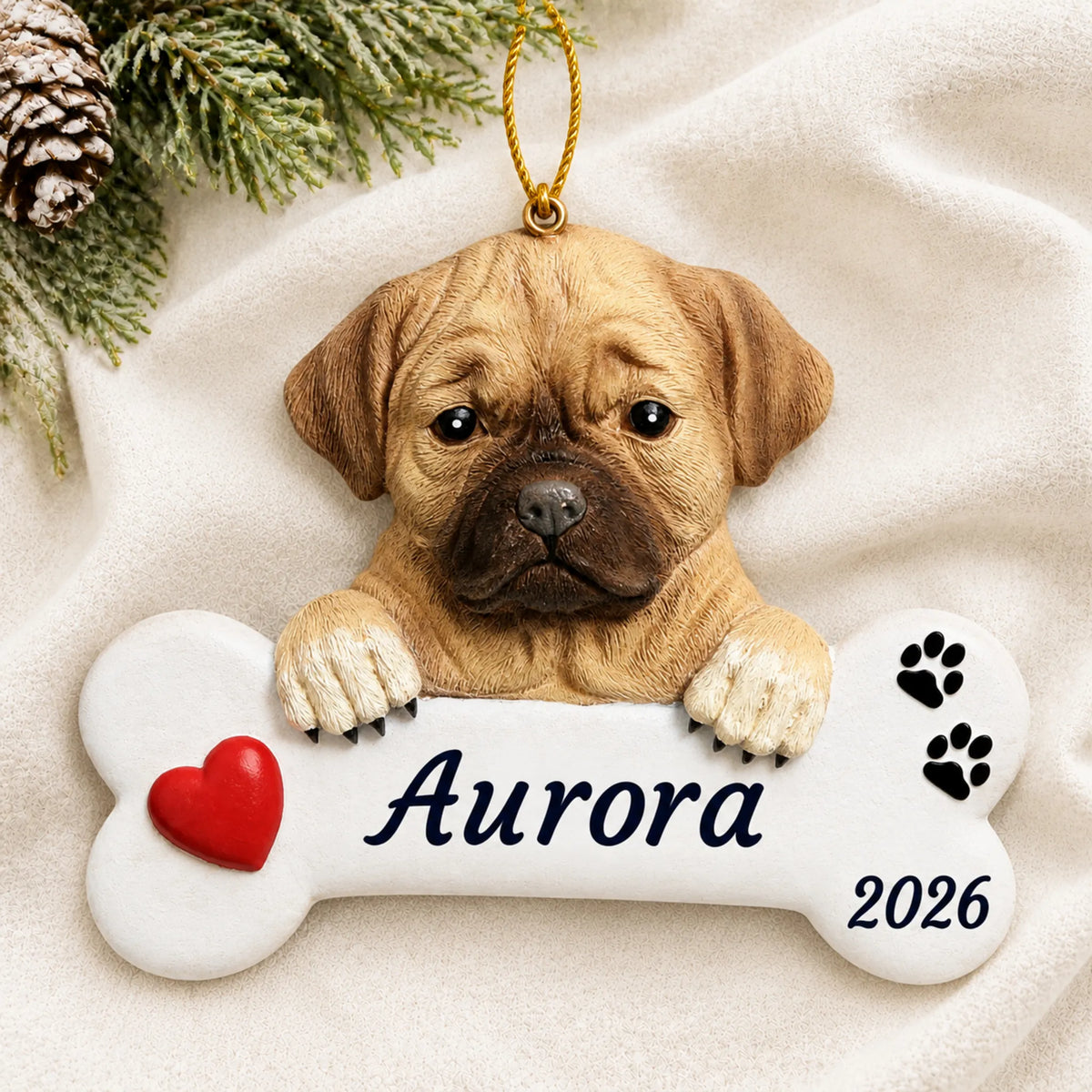 Personalized Puggle Dog Bone christmas ornament laid on a soft white knit blanket
