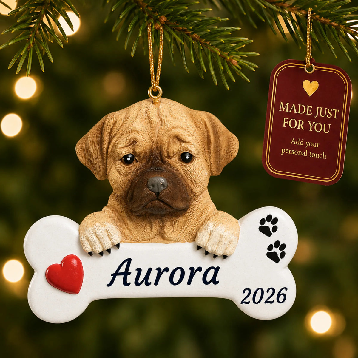 Puggle Dog Bone christmas ornament hanging on a lit Christmas tree with a Made Just For You gift tag
