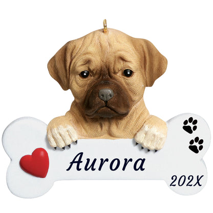 Personalized puggle dog bone Christmas ornament, a fawn puggle with a dark muzzle on a white bone, red heart, name and year