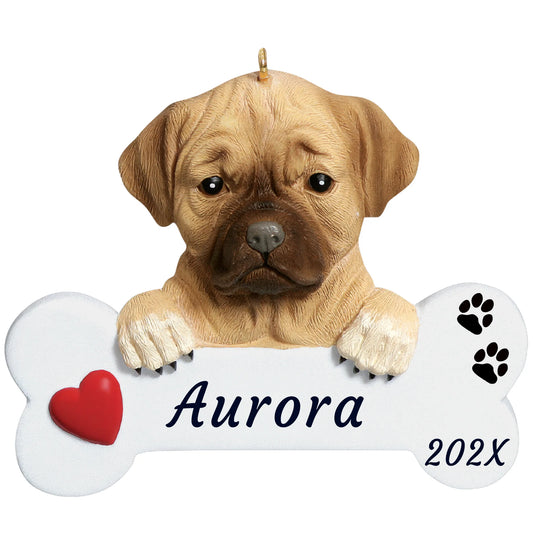 Personalized puggle dog bone Christmas ornament, a fawn puggle with a dark muzzle on a white bone, red heart, name and year