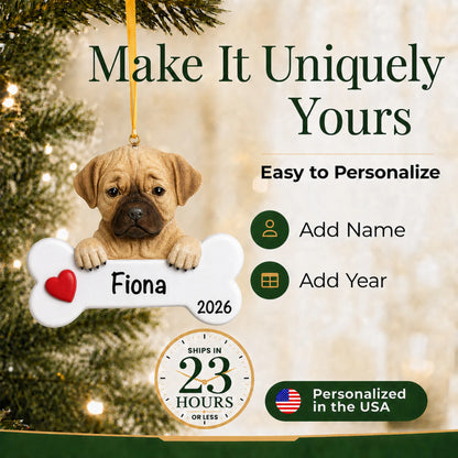 Personalized puggle Christmas ornament with name and year options, ships in 23 hours, made in the USA