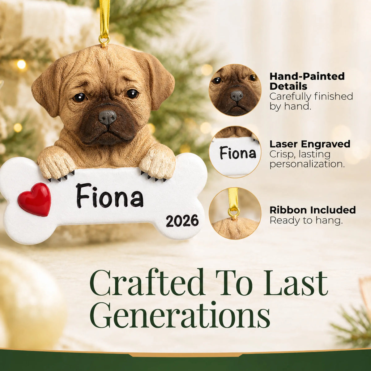 Close-up of the personalized puggle Christmas ornament showing hand-painted details and laser engraving