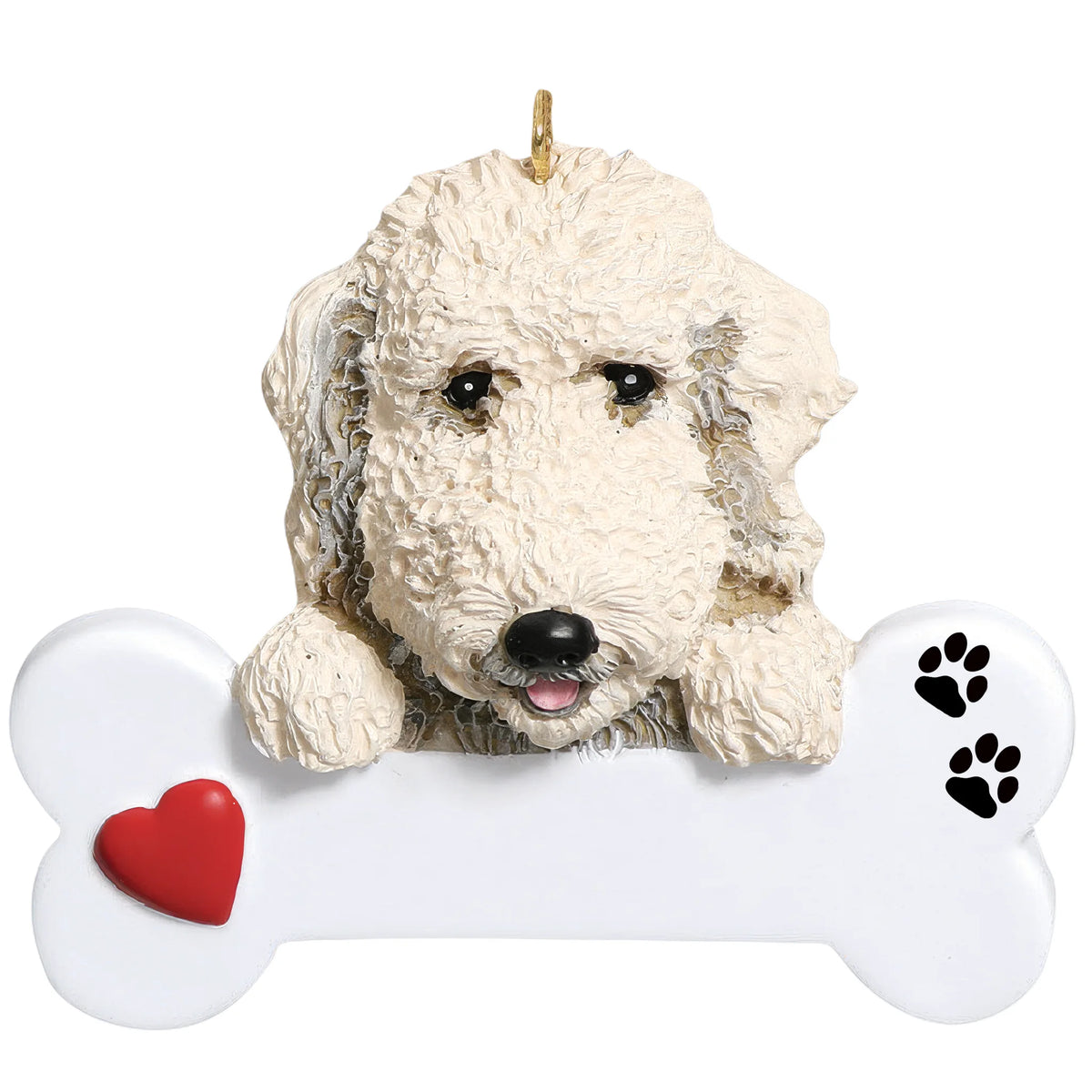 Personalized Labradoodle dog bone Christmas ornament shown blank, ready for your dog's name and year