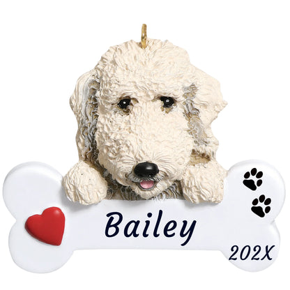 Personalized Labradoodle dog bone Christmas ornament, a curly cream doodle on a white bone, red heart, name and year
