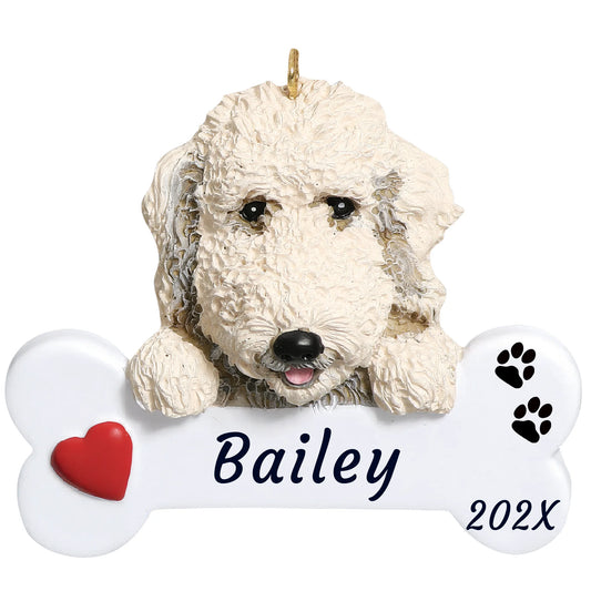 Personalized Labradoodle dog bone Christmas ornament, a curly cream doodle on a white bone, red heart, name and year