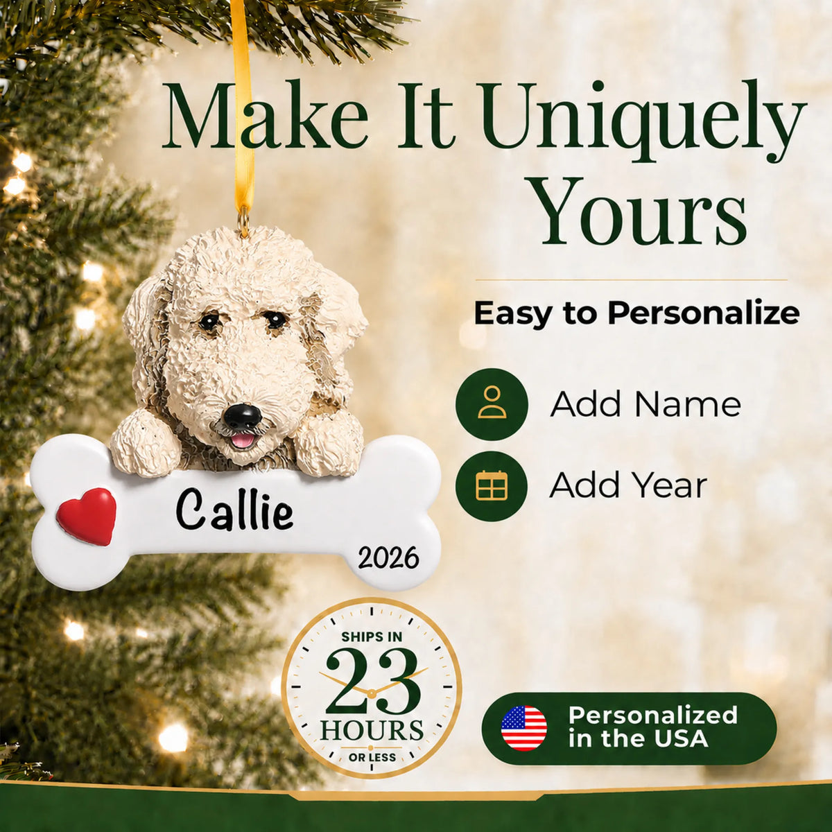Personalized Labradoodle Christmas ornament with name and year options, ships in 23 hours, made in the USA
