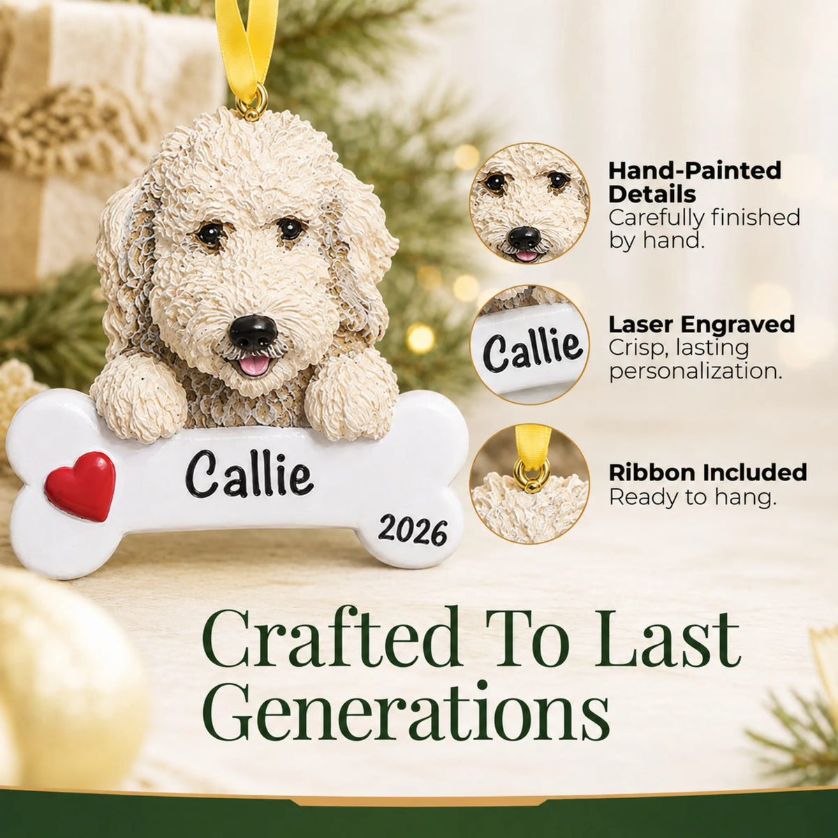 Close-up of the personalized Labradoodle Christmas ornament showing hand-painted details and laser engraving