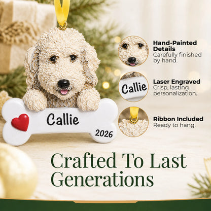 Close-up of the personalized Labradoodle Christmas ornament showing hand-painted details and laser engraving