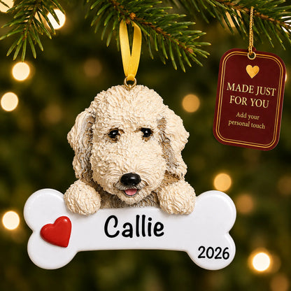 Personalized Labradoodle Christmas ornament hanging on a lit tree beside a Made Just For You tag